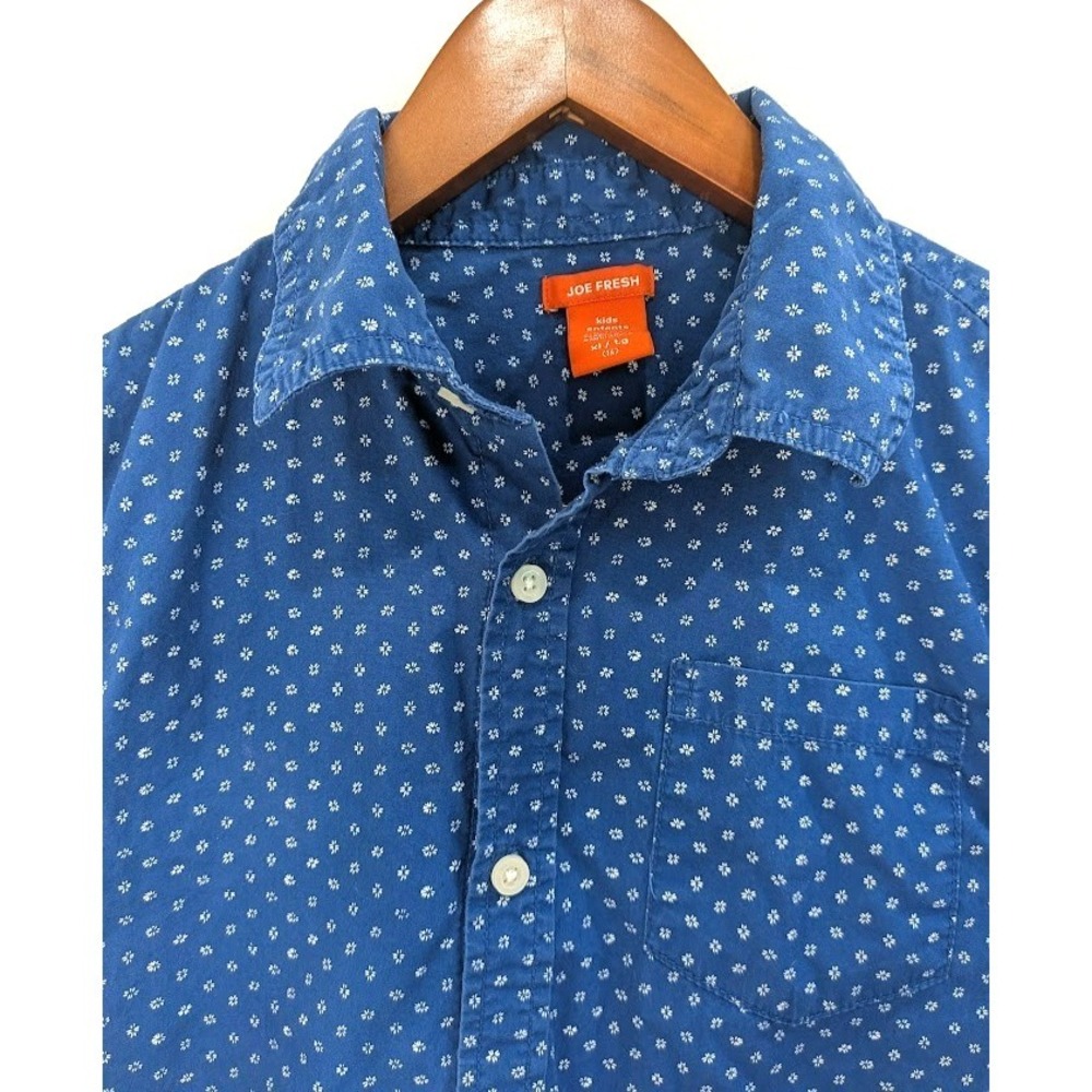 Kids Joe Fresh Button Down Long Sleeve Navy White Pattern Shirt - Size XL 14